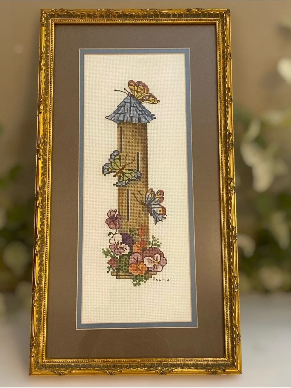 Vintage Needlepoint Butterflies Floral Gold Frame Glass